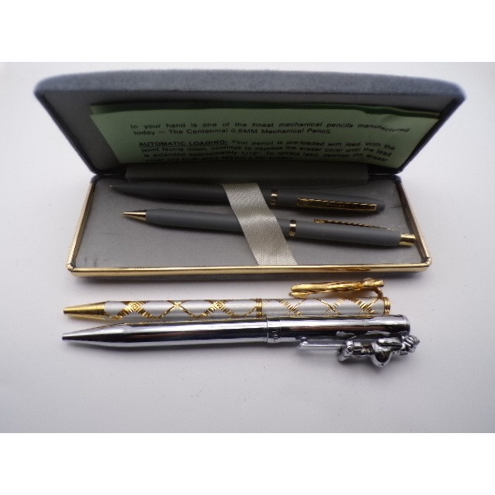 Vintage Mechanical Pencil and Pen Sets Two Tone Silver Gold Tone Engraved Case